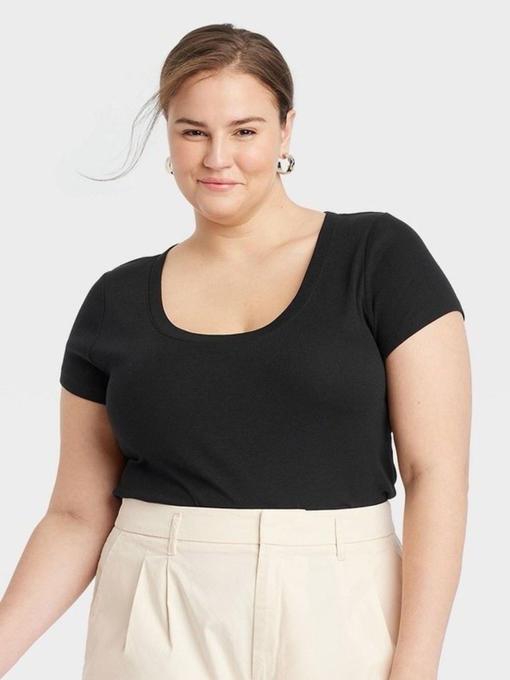 Women's Slim Fit Short Sleeve Ribbed Scoop Neck T-Shirt - a New Day Black 2X